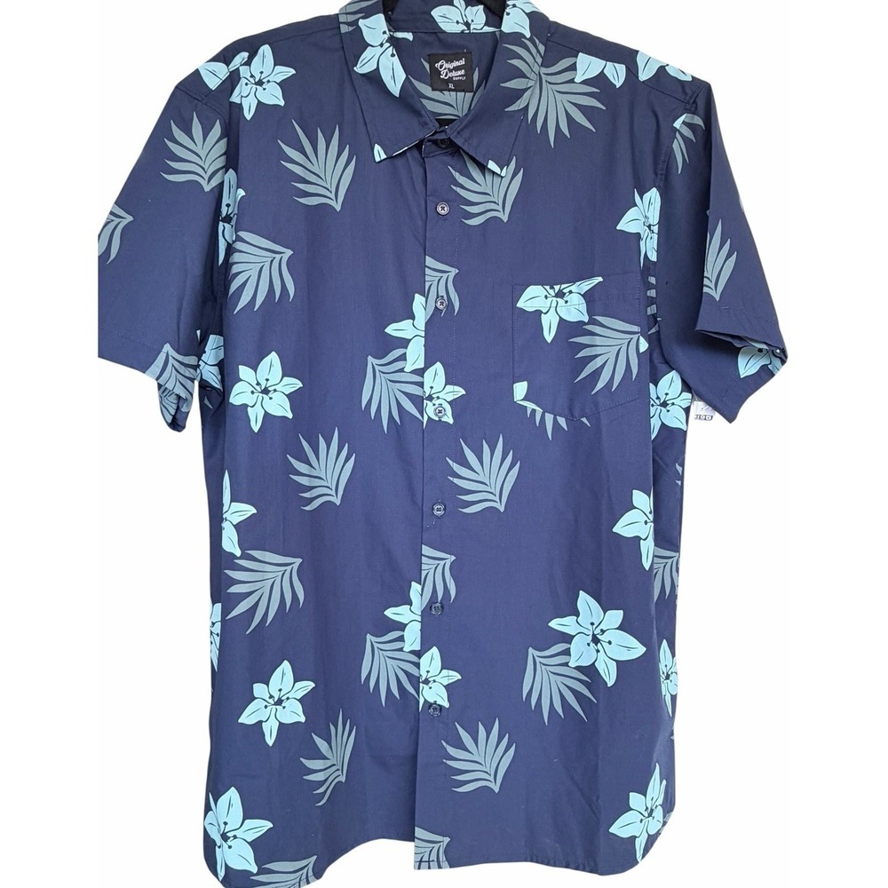 NWT Original Deluxe Supply Mens XL Hawaiian Button Up Shirt Floral Blue Pocket